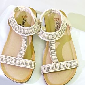 DbDk Fashion Cream Faux Pearl and Rhinestone Embellished Sandals, Size 5.5